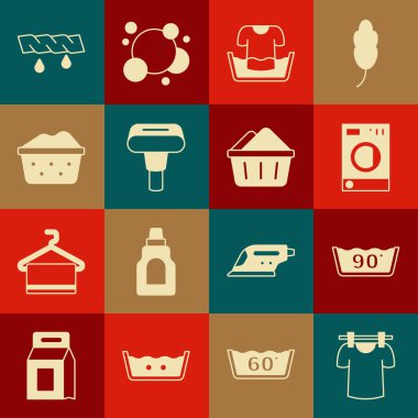 Kuru giysiler, Sıcaklık Yıkama, Yıkama, Gömlekli leğen, Buhar Buharı, Sabun köpüğü, Sıkışma ve ikon. Vektör