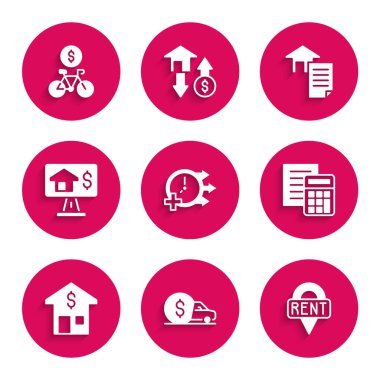 Saat, Araba Kiralama, Konum Anahtarı, Hesap Makinesi, Dolarlı Ev, Çevrimiçi gayrimenkul, sözleşme ve mobil bisiklet uygulama simgesi. Vektör