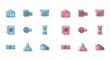 Hat Stacks kağıt para, Proje ekibi tabanı, Zarflı Cüzdan, Bozuk Para Sterlin sembolü, Eski kum saati, Adres Defteri ve Hesap Makinesi Dolar ikonu. Vektör