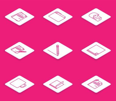 Satır Dosya belgesi, Belge klasörü, Scotch, Silgi, Kalem satırı, Kahve fincanı ve simgesi olan boş defter ve kalem ayarlayın. Vektör