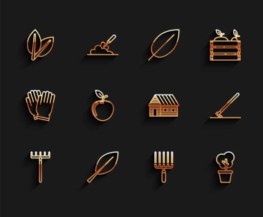 Saha çizgisi tırmığı, Yaprak, Yaprak, iş yerinde, Ağaç Tenceresi, Elma ve Çiftlik Evi ikonu. Vektör