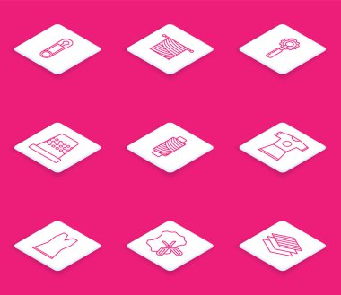 Klasik kapalı çelik pim, örgü, kesme aleti dikiş için yüksük, dikiş ipliği, kadın elbisesi, makas ve deri ikonu. Vektör