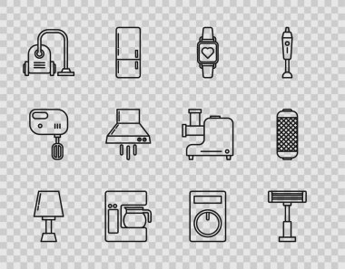 Masa lambası, elektrikli ısıtıcı, kalp atışlarını gösteren akıllı saat, cam kaplamalı kahve makinesi, elektrikli süpürge, elektrikli süpürge, mutfak vantilatörü, uzaktan kumanda ve Stereo hoparlör ikonu. Vektör