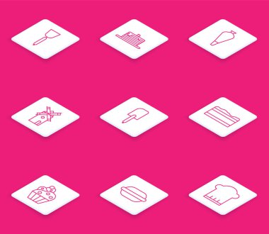 Set hattı Spatula, krep yığını, dekorasyon için pasta torbası, yel değirmeni, Brownie çikolatası, Cupcake ve Macaron kurabiye ikonu. Vektör