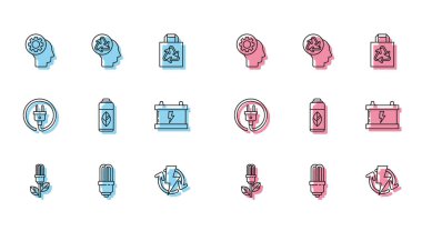 Hat ampulü yaprak, LED ışığı, insan başlığı, şarj etme, geri dönüşüm plastik şişesi, araba aküsü, elektrik prizi ve geri dönüşüm ikonu ile ayarlayın. Vektör