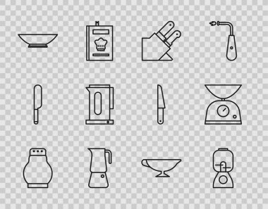 Tuz ve biber, blender, bıçak, Moka kap, kase, saplı su ısıtıcısı, sos teknesi ve ölçek ikonu. Vektör