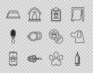 Online veteriner kliniği sembolü, aşılı şırınga, pano tıbbi kayıtları, köpek ağızlığı, evcil hayvan yemek kasesi, geri çekilebilir tasma, Paw baskısı ve ikon. Vektör