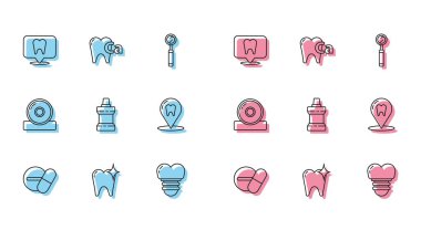 Diş beyazlatma konsepti, diş sağlığı kliniği konumu, implant, ağız gargargarası plastik şişe, diş ikonu için Otolaryngological baş yansıtıcı ve kalsiyum ayarlayın. Vektör