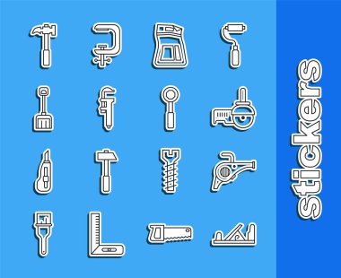 Hat ahşap uçak aleti, Yaprak üfleyici, Angle öğütücü, çimento torbası, Calliper veya kalibre ve skaler, kar küreği, pençe çekici ve İngiliz anahtarı simgesi. Vektör