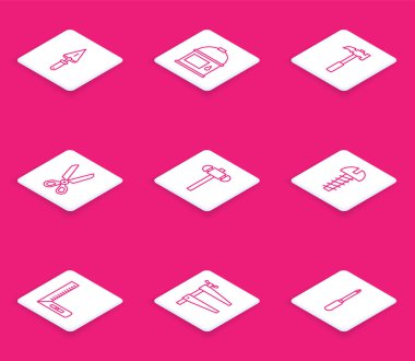 Çizgi Trowel, boya kovası, pençe çekici, makas, balyoz, metal vida, köşe cetvel ve klemp alet simgesi. Vektör