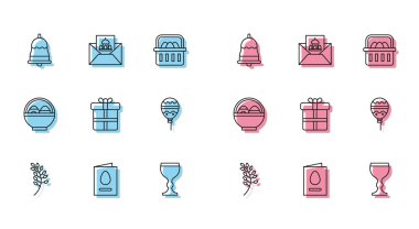 Söğüt yaprağı, Mutlu Paskalyalar yazılı tebrik kartı zil, şarap kadehi, hediye kutusu, balon kurdelesi, sepet paskalya yumurtası ve ikon. Vektör