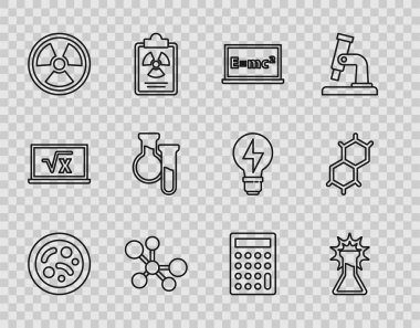 Satır bakterisi, test tüpü ve matarası, denklem çözeltisi, molekül, radyoaktif, hesap makinesi ve kimyasal formül simgesini ayarla. Vektör