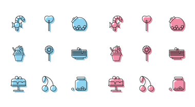 Tabakta çizgi pasta, kiraz, Noel şekeri kamışı içinde şeker olan cam kavanoz, lolipop, krep yığını, dondurma kasesi ve ikon. Vektör