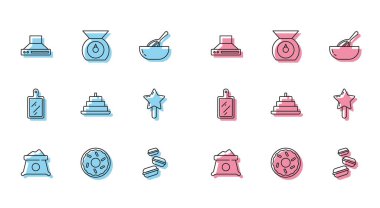 Un Torbası, Donut, Mutfak Emici Fanı, Makarna Kurabiyesi, Mumlu Pasta, Lolipop, Kesme tahtası ve Ölçek ikonu. Vektör