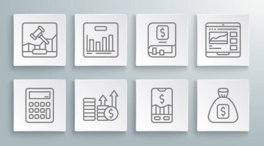 Satır Hesaplayıcı, Pasta grafiği bilgileri, Finansal büyüme ve dolar, mobil hisse senedi ticareti, para çantası, kitap, ticaret kursları ve İnternet açık artırma ikonu. Vektör