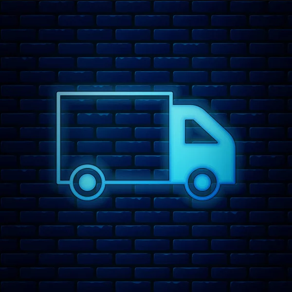Glowing Neon Delivery Cargo Truck Vehicle Icon Isolated Brick Wall — Stock Vector