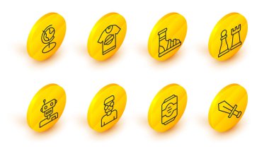 Oyun için Kılıç, Enerji içeceği, İnek ineği, Robot, Satranç, Çoraplı Terlikler, Tişört ve Dünya ikonu. Vektör