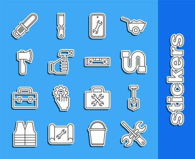 Tornavida ve anahtar, kürek, sanayi borusu, mobil servis, çekiç, tahta balta, testere ve inşaat balonu seviyesindeki ikon. Vektör