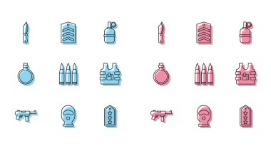 Hafif makineli tüfek M3, kar maskesi, askeri bıçak, rütbe, kurşun geçirmez yelek, kantin su şişesi ve sembol. Vektör