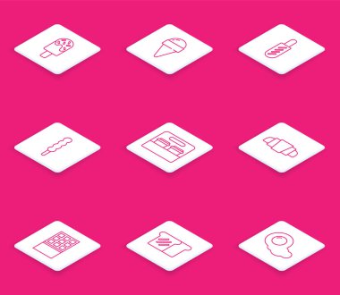 Dondurma, waffle külahında Hotdog sandviçi, lolipop, paket kahve fincanı, kruvasan, çikolata ve ekmek tostu ikonu. Vektör