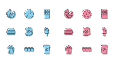 Pakette patlamış mısır, suşi, pizza, kahve fincanı, sandviç, dondurma, hamburger ve kurabiye ikonu. Vektör