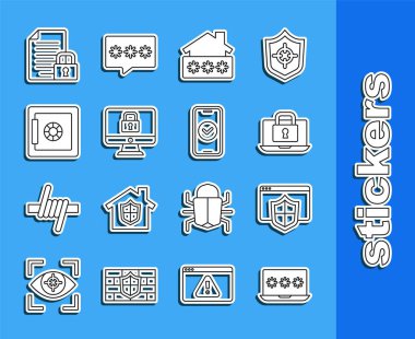 Dizüstü bilgisayarı şifreyle, tarayıcı kalkanıyla ayarla ve House, Lock 'u monitöre kilitle, Güvenli, Belge ve Akıllı Telefon simgesi. Vektör