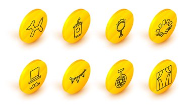 Sirk perdesini kaldırın, tek tekerlekli bisiklet ya da tek tekerlekli bisiklet, bayraklı karnaval çelengi, sihirbaz, oyun kartları tutan el, ateş çemberi, kağıt cam su ve balon köpek ikonu. Vektör