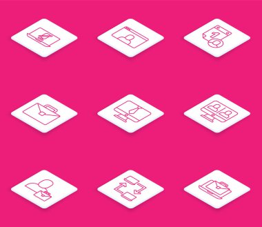 Dizüstü bilgisayara, görüntülü sohbet konferansına, zaman yönetimine, evrak çantasına, Freelancer ve Online çalışma ikonuna bağlanın. Vektör