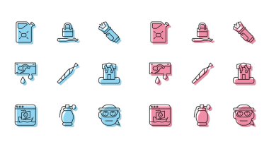 İnternet korsanlığı, el bombası, teneke yakıt, haydut, marihuana dükkanı, kundakçılık evi, kilit açma ikonu için kanlı para ve kilit maymuncukları. Vektör