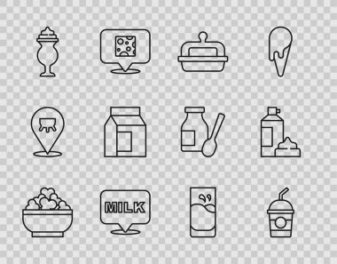 Sabit çizgi, süzme peynir, milkshake, tereyağlı tereyağı, Harfli süt, Kağıtlı paket, Krem şantili ve Şişe ikonu. Vektör