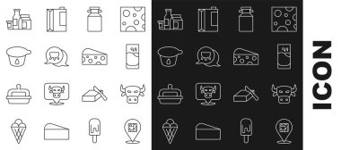 Peynir, inek kafası, sütlü bardak, konserve kutusu, yoğurt, süt ürünü ve ikon. Vektör