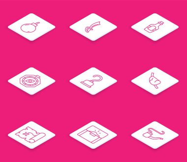 Hattı patlamaya hazır hale getirin, Korsan kılıcı, alkol içeceği rom, pusula, kanca, göz bandı, hazine haritası ve antika göğüs simgesi. Vektör