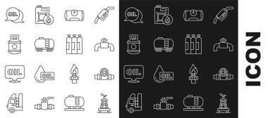 Hat petrol platformu, metal borular ve valf, araç için benzin deposu, demiryolu deposu, propan gazı, kelime yağı ve endüstriyel silindir ikonu. Vektör