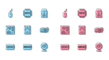HDD, SSHD kartı, Bilgisayar faresi, Web kamerası, Video grafiği, ana kart dijital çipi ve işlemciyi işlemci simgesiyle ayarla. Vektör