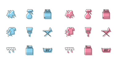 Sıraya dizilin. Çamaşır, çamaşır makinesi, su dökülmesi, ısı temizleyici, pencereler için lastik temizleyici demir ve ütü masası, kirli tişört ve sprey şişe ikonu. Vektör