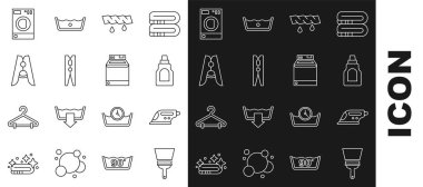 Camlar için halat temizleyicisi, elektrikli ütü, şişe temizleyicisi, sıkışık kıyafetler, mandal, çamaşır mandalı ve ikon. Vektör