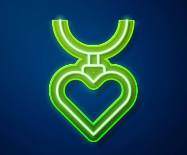 Mavi arkaplanda kalp şeklinde kolye ikonu olan parlak neon çizgisi. Mücevher dekorasyonu. Uluslararası Mutlu Kadınlar Günü. Vektör