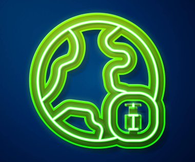 Parlayan neon hattı dünya haber simgesi mavi arkaplanda izole edildi. Flaş haber, dünya haber kanalı. Vektör