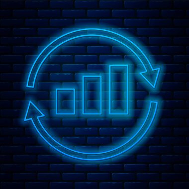 Parlak neon çizgisi Grafik, çizelge, grafik, diyagram, bilgi grafiği, pasta grafik simgesi tuğla duvar zemininde izole edilmiş. Vektör