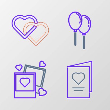 Sevgililer Günü için kalpli bir parti ilanı, iki boş fotoğraf çerçevesi ve kalpler, Balon kurdelesi ve Birbirine bağlı kalpler simgesi. Vektör