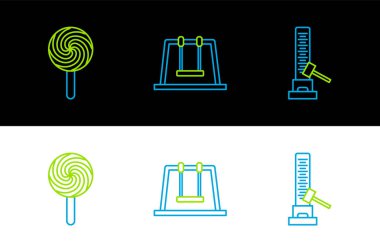 Büyük çekiç, lolipop ve salıncak ikonu ile yüksek çizgideki vurucu cazibesini ayarlayın. Vektör