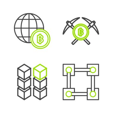 Hat Blockchain teknolojisi, çapraz kazma ve Globe ve kripto para birimi Bitcoin ikonu. Vektör