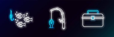 Hat kabı ya da kutu kutusu, sallanan balık tutma ekipmanları, su altında olta ve olta ikonu için olta kancası. Parlayan neon. Vektör