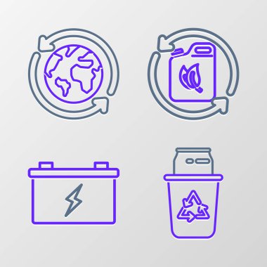 Geri dönüşüm sembolü ve teneke kutusuyla geri dönüşüm kutusunu, araba aküsünü, biyoyakıt kutusunu ve Dünya Gezegeni ikonunu ayarla. Vektör