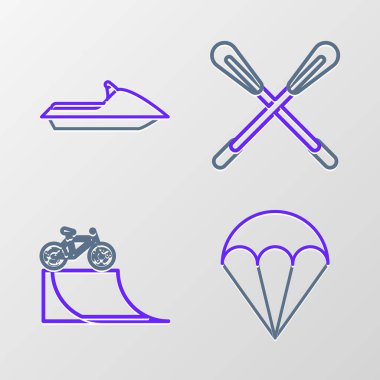 Halat paraşütü, bisiklet, sokak rampası çapraz raket ve jet ski ikonu. Vektör