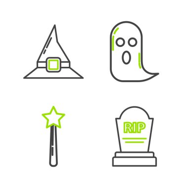 Rip, sihirli değnek, Hayalet ve Cadı şapkası ikonu ile Tombstone hattını ayarlayın. Vektör