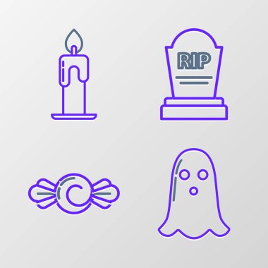 Hayalet, Şeker, Tombstone 'u RIP ve yanan mum ikonuyla ayarla. Vektör