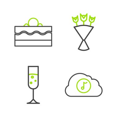 Set hattı müzik hizmeti, bir kadeh şampanya, buket çiçekleri ve pasta ikonu. Vektör