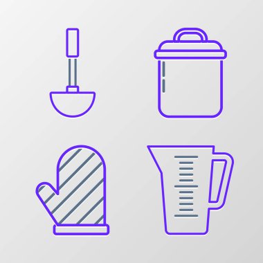 Ölçme kabı, fırın eldiveni, tencere ve mutfak kepçesi ikonu. Vektör