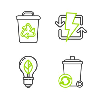 Satır Geri Dönüşüm kutusunu geri dönüşüm sembolü, ampul yaprağı, şarj ve simge ile ayarla. Vektör